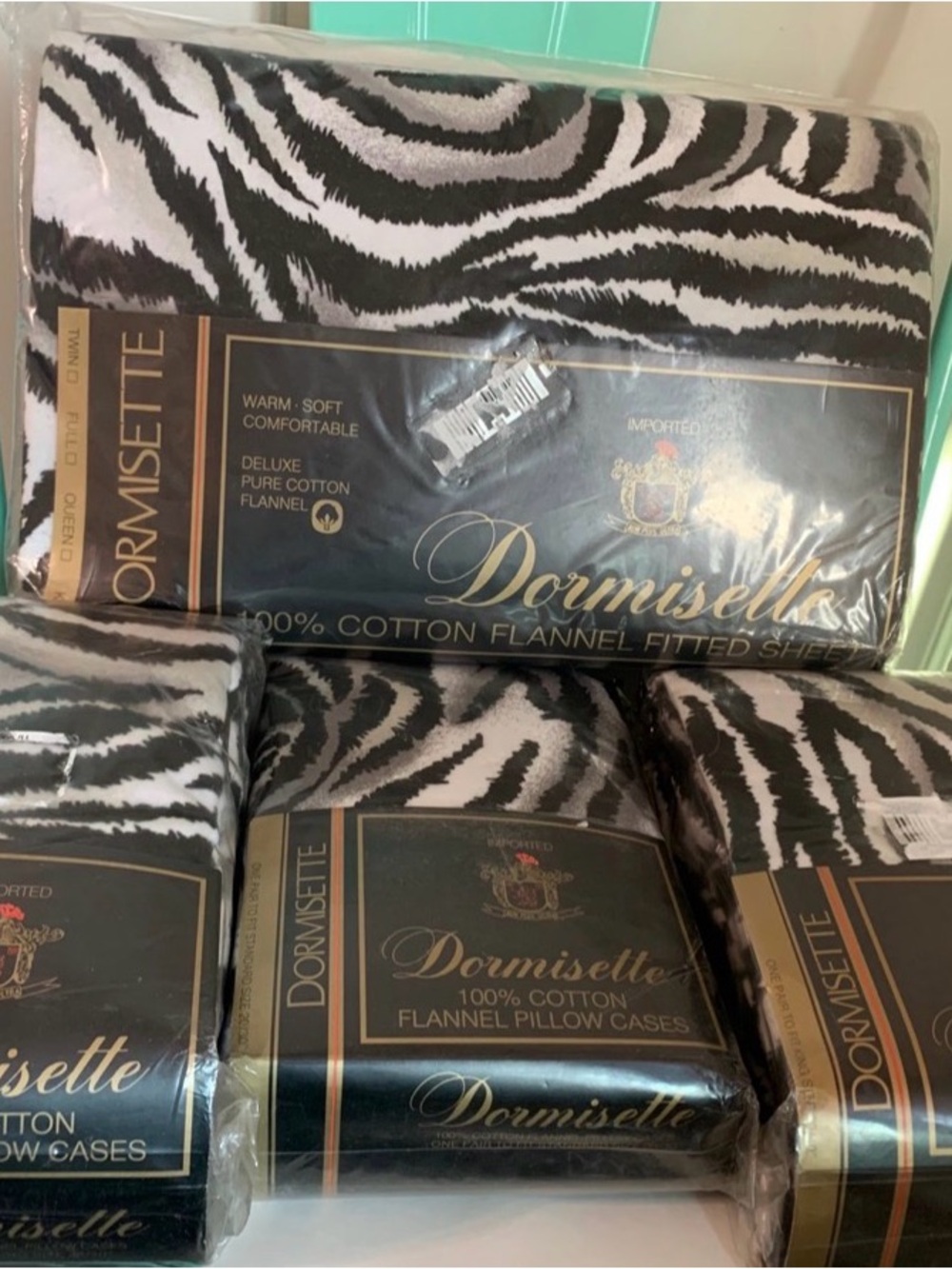 Vintage NIP Dormisette Zebra King Flannel Fitted Sheet & 6 Pillowcases